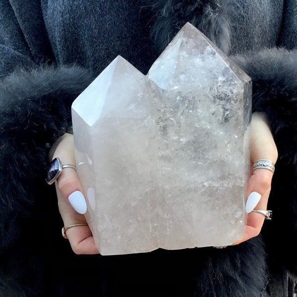 Quartz Crystal Tower Twin Flame Double Point 10 lb. 12 oz. Generator ~ 8" Tall ~ Water Clear Points ~ Sparkly Silver Inclusions