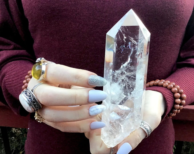 Quartz Crystal Wand Large 11.3 oz. High Altitude Himalayan ~ 5 1/2" Long ~ Museum Quality ~ Water Clear Point ~ Sparkling Rainbow Inclusions