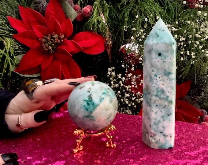 Chrysocolla Crystal Ball & Tower with Stand ~ NEW! Crystal Gift Set ~ Generator and Sphere Display ~ Free Gift-Wrapping ~ Fast Free Shipping