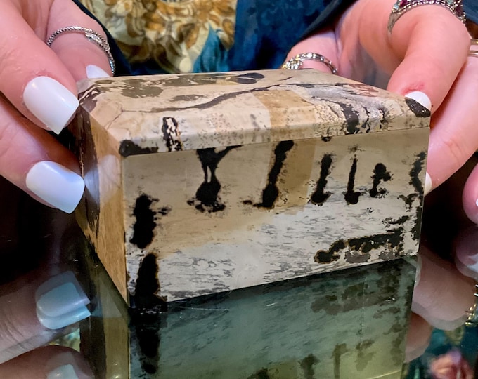 Dendritic Jasper Jewelry Box 3" Long ~ 8 oz. Hand-Carved from Brazil ~ Colorful Shades of Beige, Tan, Brown Earthy Tones