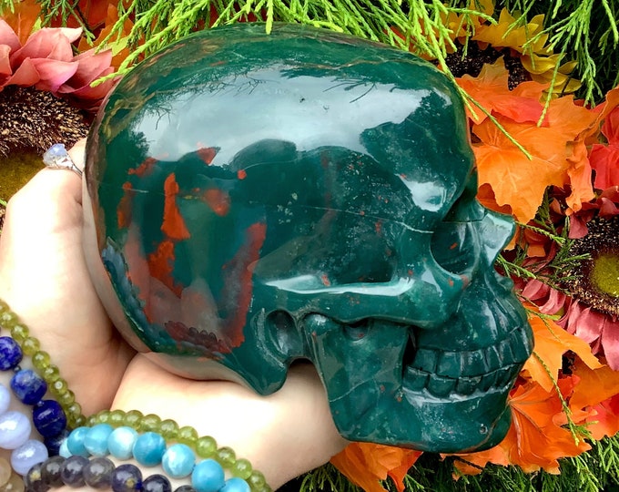 Bloodstone Crystal Skull ~ Large 6 Lb 8 oz ~ 7" Long ~ Fiery Red and Green ~ One-of-a-Kind ~ Expertly Hand Carved Sculpture ~ Fast Shipping