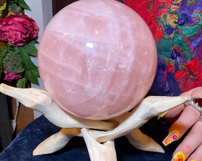 Rose Quartz Crystal Ball with Birchwood Stand ~ Large 4 lb. 3 oz. ~ 4" Wide ~ Beautifully Polished Pink Sphere ~ Reiki, Altar, Feng Shui