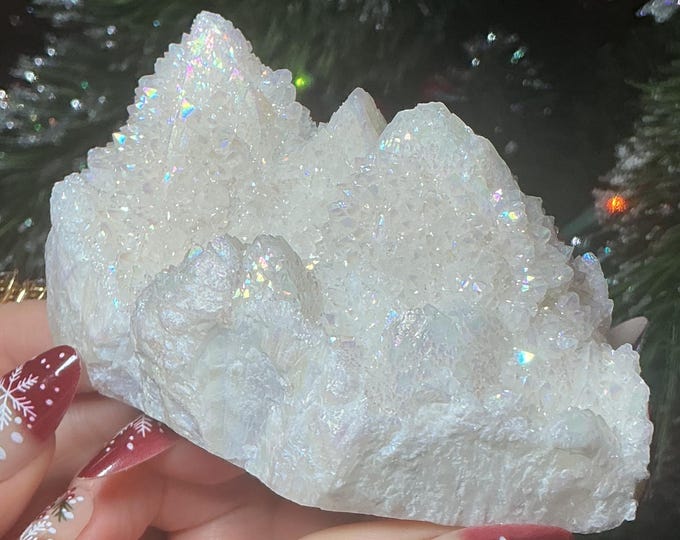 White Aura Quartz Crystal Cluster: 10 oz, 4" Long Pearlescent Iridescent Display