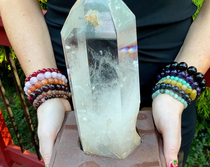 Himalayan Clear Quartz Crystal Generator: Rainbow Inclusions, Custom Wooden Stand