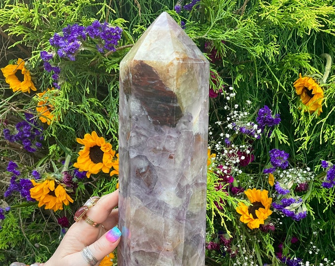 Yellow & Purple Fluorite Crystal Generator ~  Large 13 Lb. 7 oz. ~ 15" Tall Tower ~ Swirling Colors ~ Fast Shipping