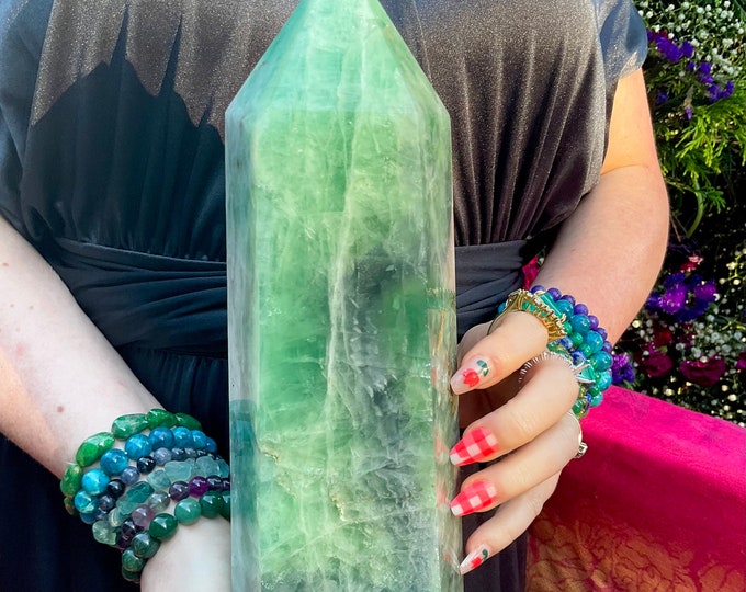 Green Fluorite Crystal Generator ~ 9 Lb. 12 oz. Tower ~ 12" Tall ~ Swirling Purple Pastel Colors ~ Reiki, Pillar Display ~ Fast Shipping