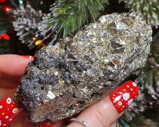 Sparkling Golden Pyrite Crystal 4 " Long Cluster, 15 oz.  Meditation Altar Decor