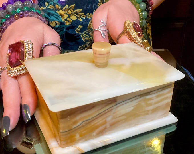 White Onyx Jewelry Box with Lid ~ 4 1/2" Long ~ Vintage Hand Carved Charging Box