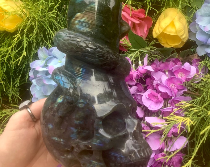 Labradorite Kundalini Serpent Crystal Skull Sculpture ~ Large 5 Lb. 4 oz. ~ 8" Tall ~ Flashing Blue Rainbow Colors ~ Beautifully Hand Carved