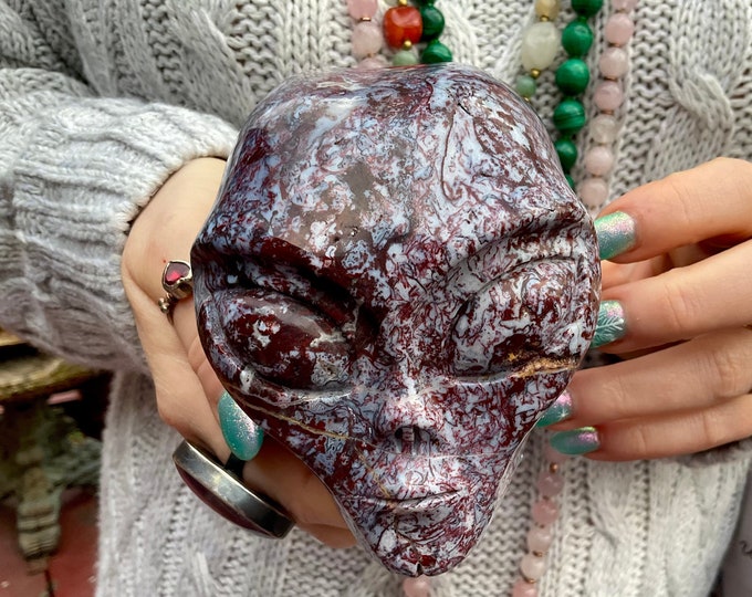 Red Lace Agate Alien Crystal Skull ~ Large 2 Lb. 10 oz. ~ 4" Long ~ Colorful ~ One-of-a-Kind Expertly Hand Carved Sculpture ~ Fast Shipping