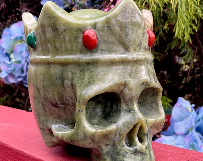 Jade Queen Crystal Skull Large 4 Lb. 13 oz.~ Swirling Colorful Green Colors ~ 5" Long ~ Expertly Hand Carved Sculpture