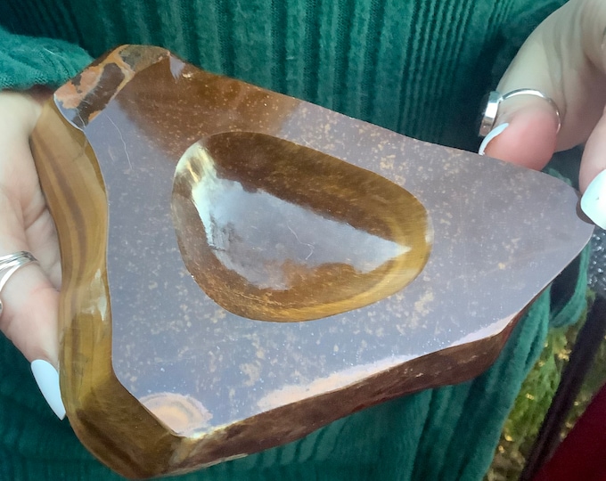 Tigers Eye Crystal Jewelry Dish ~ 1 Lb. 5 oz. ~ 5 1/2" Long ~ Sparkling Polished Golden-Red-Brown Black Colors ~ Fast & Free Shipping ~