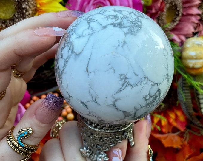 White Howlite Crystal Ball ~ w/ Ornate Decorative Display Stand ~ Large 1 Lb. 6 oz. ~ 3" Wide ~ Fast & Free Shipping, USA + Global Shipping