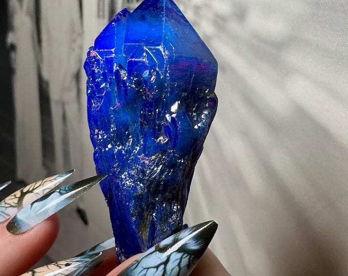 Aura Quartz Elestial Crystal Point ~ Sparkling Iridescent Blue ~ 4 oz. ~ 3 1/2" Long