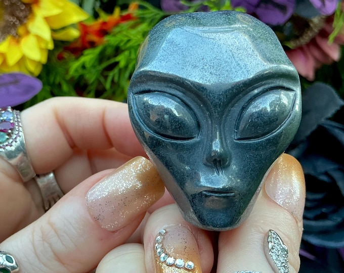 Hematite Alien Skull Crystal Mini Skull ~ 10 oz. ~ 2" Long ~ Black Metallic Luster Gemstone ~ Hand-Carved Sculpture ~ Fast & Free Shipping
