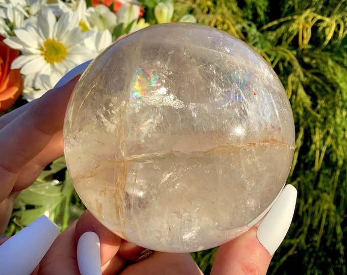 Clear Quartz Crystal Ball ~ 1 Lb. 8 oz. ~ 3" Wide Polished Sphere ~ Sparkling Rainbow Inclusions ~ Beautiful Reiki, Altar Feng Shui Display