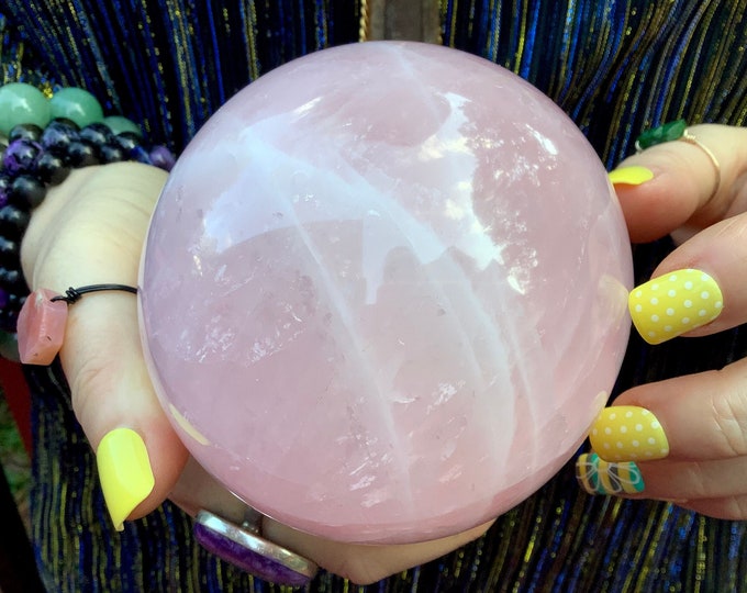 Large Rose Quartz Crystal Ball: Pink Polished Sphere, Altar Display (3 1/2")