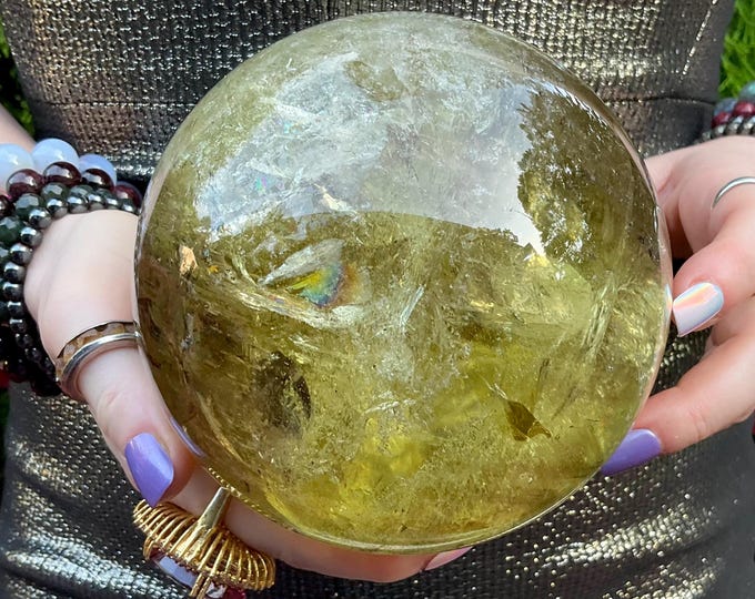 Clear Citrine Crystal Ball ~ Large 5 Lb. 11 oz. ~ 4 1/2" Wide ~ Sparkling Smokey Quartz & Rainbow Inclusions ~ Metaphysical Home Decor ~
