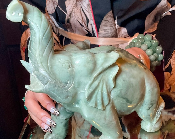 Jade Elephant 6 Lb. 13 oz. ~ 8" Tall ~ Vintage Expertly Hand Carved Animal Totem Display Specimen ~ Sparkling Green Gemstone Colors