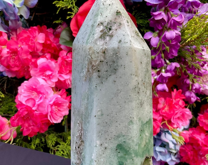 Green Fluorite Crystal Generator ~ Large 3 lb. 11 oz. ~ 7" Tall Tower ~ Free Standing ~ White Swirls ~ Polished Point ~ Fast Free Shipping