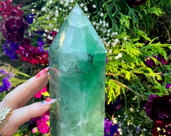 Green Fluorite Crystal Generator ~ Large 2 lb. 15 oz. ~ 7" Tall Tower ~ Free-Standing Pillar ~ Fast & Free Shipping