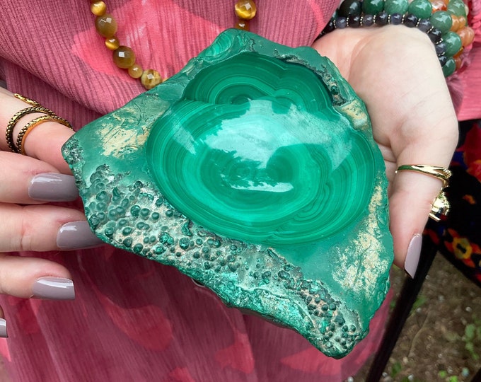 Large Polished Malachite Crystal Bowl: Green Mineral Specimen, Bullseye Patterns