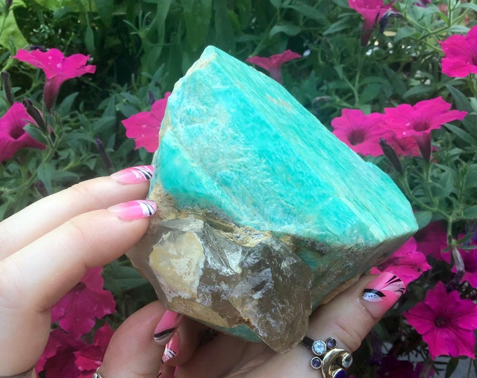 Ethiopian Amazonite Gemstone Crystal Cluster ~ Large 2 Lb. 5 oz. ~ 5" Long ~ Natural Blue Green Mineral Specimen ~ Smokey Quartz Inclusions