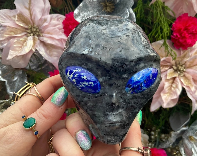 Larkvite Crystal Alien Skull ~ Large 2 Lb. 12 oz. ~ 4" Long ~ with Blue Lapis Lazuli Eyes ~ One-of-a-Kind Expertly Hand Carved Sculpture ~