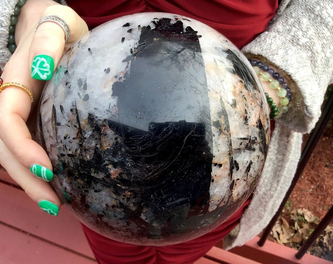 Black Tourmaline Quartz Crystal Ball ~ Large 11 lb. 10 oz. ~ 6" Wide ~ Big Polished Display Sphere ~ Thick Tourmaline Hairs ~ Fast Shipping
