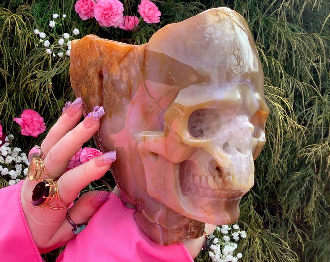 Golden Agate Quartz Crystal Skull ~ Large 9 Lb. 6 oz. ~ 9" Tall ~ Colorful Gold Yellow & Orange Colors ~ Hand Carved ~