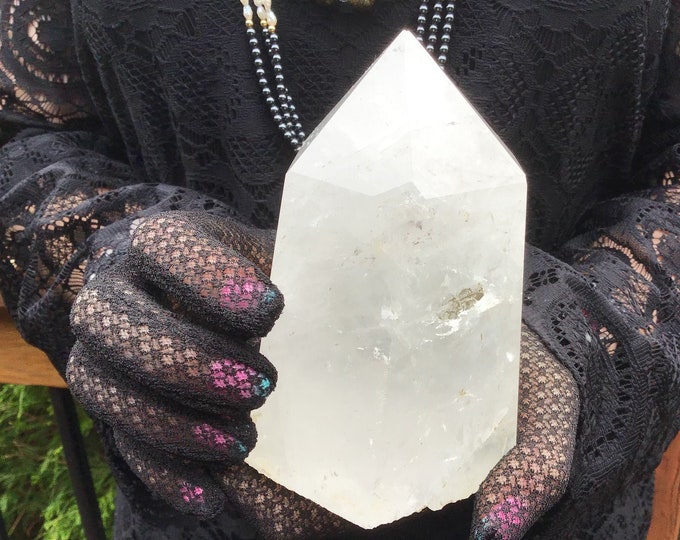 Clear Quartz Crystal Generator ~ 1 Lb. 15 oz. ~ 4 1/2" Tall Tower ~ Pyramid Phantoms ~ Rainbow Silver Inclusions ~ Free Standing