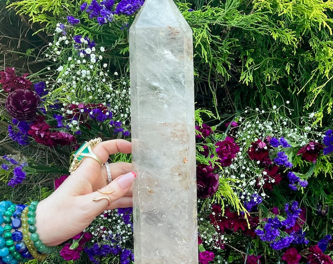 Clear Quartz Crystal Generator ~ Large 7 lb. ~ 15" Tall ~ White Ghost Clouds ~ Big Sparkling Rainbow Inclusions ~ Fast & Free Shipping, USA