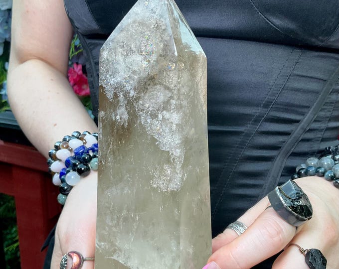 Clear Quartz Crystal Generator ~ Large 2 Lb. 6 oz. ~ 8" Tall ~ Smokey Phantom Sparkling Inclusions ~ Home Decor, Feng Shui, Altar Display ~