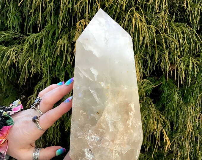 Clear Quartz Crystal Generator ~ 5 Lb. 9 oz. ~ 8" Tall Tower ~ Frosted Phantoms ~ Silver, Rainbow Inclusions ~ Fast & Free Shipping