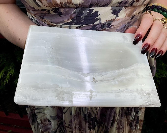 Selenite Crystal Jewelry Dish ~ Large 4 Lb. 4 oz. ~ 8" Long ~ Beautiful Polished Transparent White Gypsum ~ Swirling Pearlescent Patterns ~
