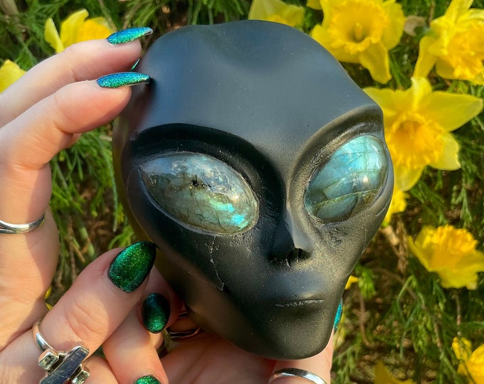 Black Obsidian Alien Skull: Labradorite Eyes, Hand Carved Crystal Sculpture