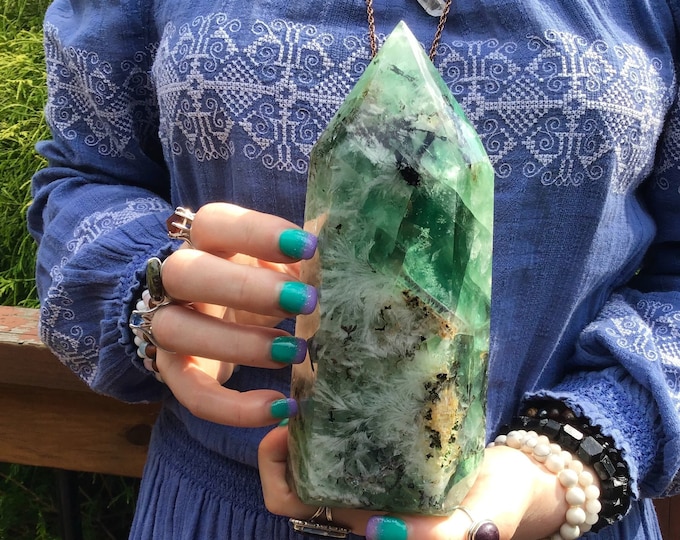 Green Fluorite Crystal Generator ~ Large 3 lb. 12 oz. ~ 7" Tall Tower ~ White Angel Feathers Inclusions ~ Fast & Free Shipping from U.S.A. ~