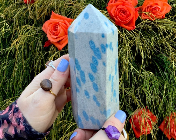 K2 Azurite In Granite Crystal Generator ~ Large 1 Lb. 13 oz. ~ 5" Tall  Tower ~ Sparkling Indigo Blue Colors ~ Fast Shipping