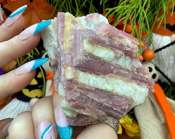 Pink Tourmaline Quartz Crystal Cluster ~ Large 7 oz. ~ 3 1/2" Long ~ Big Gemmy Colorful Bands on White Quartz Matrix ~ Fast & Free Shipping