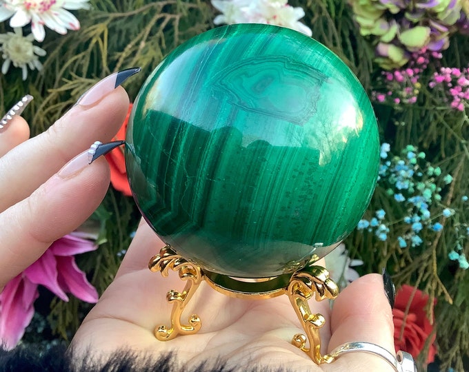 Vintage Polished Malachite Crystal Ball with Ornate Stand