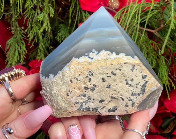 Chalcedony/Blue Agate Polished Crystal Point ~ Large 2 Lb. ~ 4" Tall ~ Blue Gray & White Colors ~ w/ Natural Volcanic Matrix ~ Free Shipping