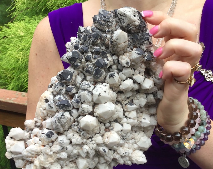 Elestial Quartz Large 4 lb. Cluster ~ 9" Long ~ White, Charcoal Gray & Black Inclusions ~ Big Rare Specimen ~ Ancient Crystal Reiki Display
