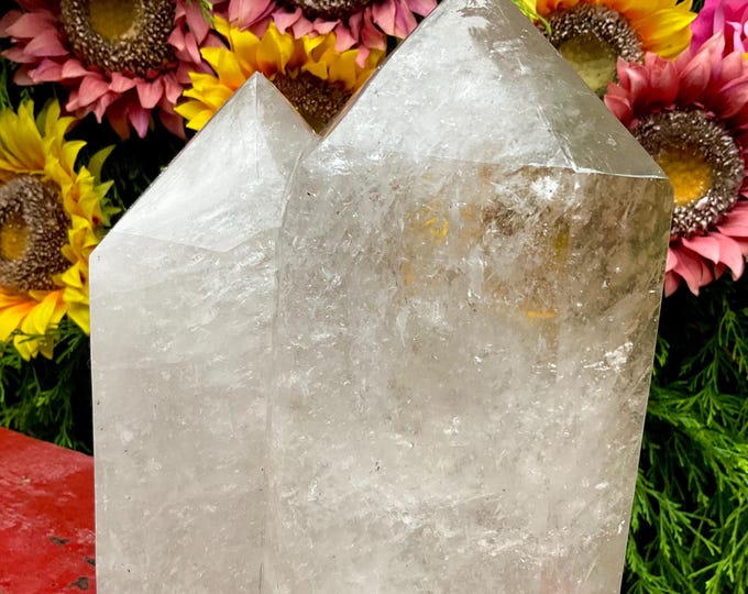 Clear Quartz Twin Flame Crystal Generator ~ 10 lb. 12 oz. ~ 8" Tall ~ Feng Shui Right Corner / Relationships Decor ~ Golden and Silver Flash