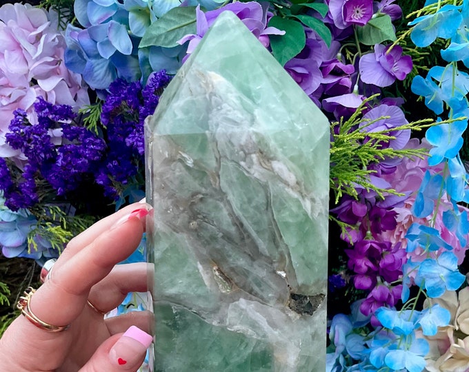 Green Fluorite Crystal Generator ~ Large 4 lb. 14 oz. Tower ~ 9 1/2" Tall ~ Swirling Green, Purple & White Colors ~ Fast Free Shipping