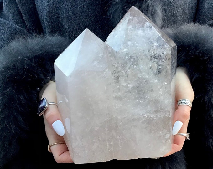 Clear Quartz Twin Flame Crystal Generator ~ 10 lb. 12 oz. ~ 8" Tall Double Point Tower ~ Sparkly Silver Inclusions