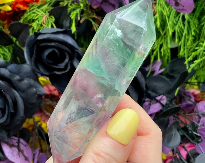 Rainbow Fluorite Double Terminated Wand ~ Large 4.2 oz. ~ 4" Long ~ Clear, Green, Purple ~ Fast & Free Shipping, USA + Global Shipping