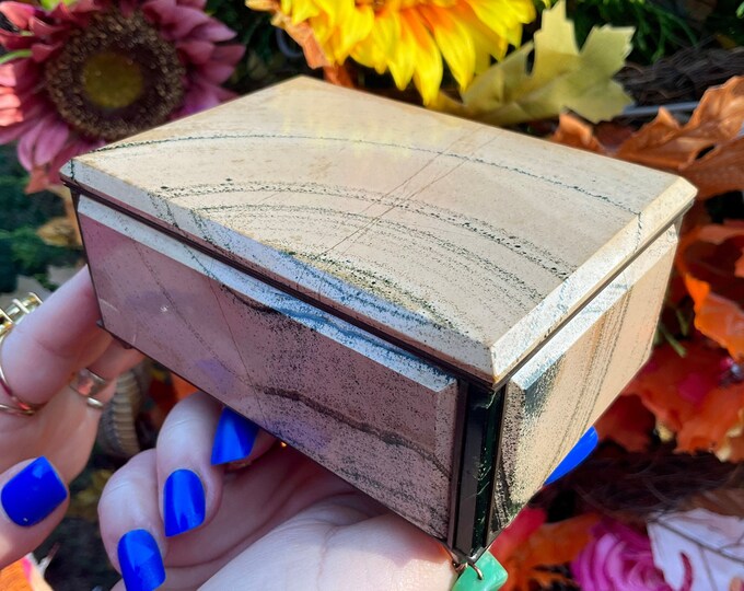 Jasper Jewelry Box with Hinged Lid ~ 4" Long Vintage Hand Crafted Ural Mountains with Prehnite Inserts ~ Swirling Beige White & Black Colors