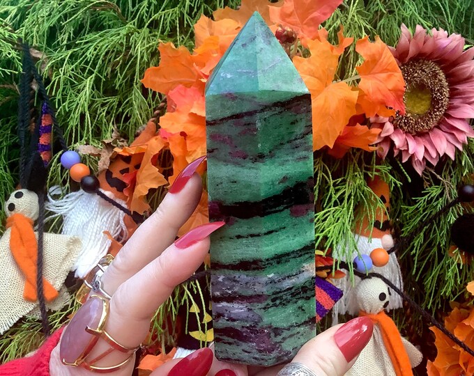 Ruby Zoisite Crystal Generator ~ 1 Lb. 7 oz.~ 5 1/2" Tall Tower ~ Red, Green & Black Vivid Colors ~ Mineral Specimen ~ Fast Free Shipping