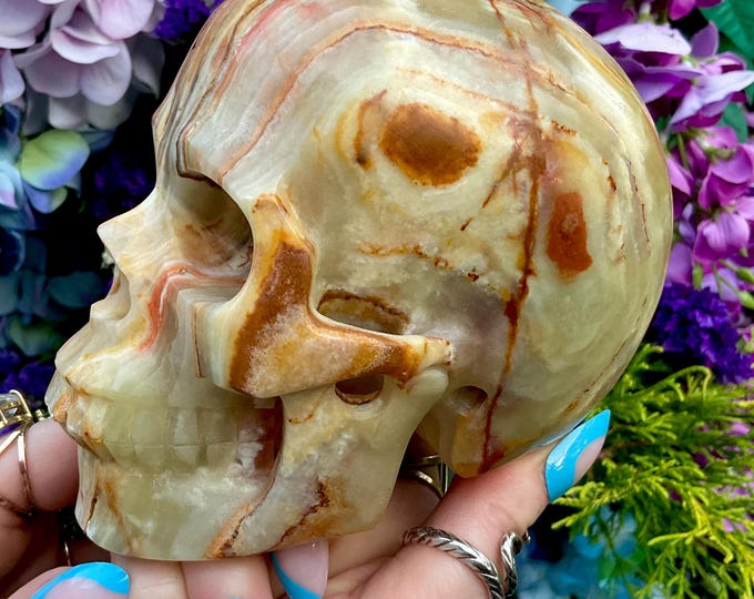 Afghan Jade Crystal Skull ~ Large 2 Lb. 13 oz. ~ 5" Long ~ One-of-a-Kind ~ Swirling Green Gold and Beige Colors~ Hand Carved Sculpture