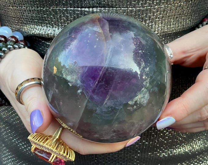 Purple Fluorite Crystal Ball ~ Large 3 Lb. 3 oz. ~ 3" Wide ~ Rainbow Color Sphere ~ Sparkling Silver Flash Inclusions ~ Fast & Free Shipping